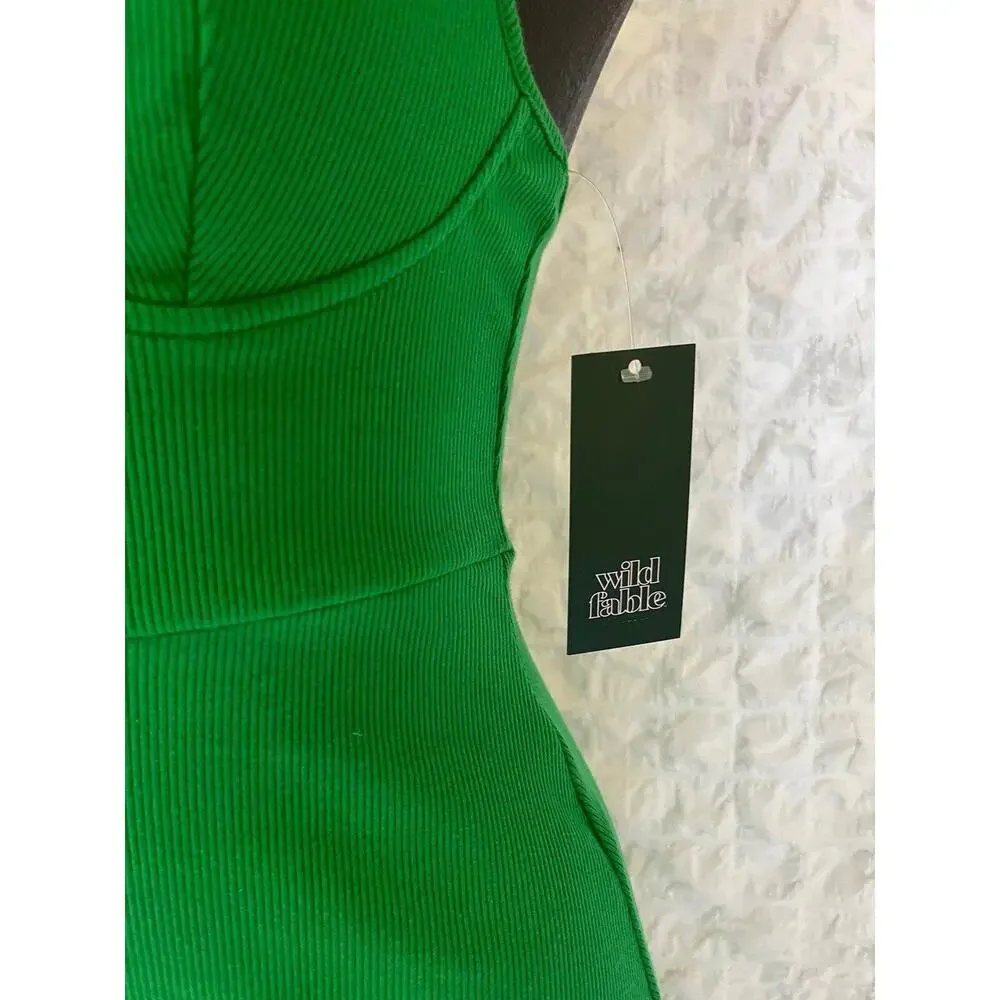 NWT Wild Fable Green Ribbed Sleeveless Vneck Bodycon‎ Dress Extra Small - Picture 3 of 9